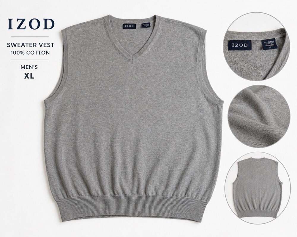 IZOD Sweater Vest Mens XL Gray V Neck Pullover Sleeveless Knit Classic Golf